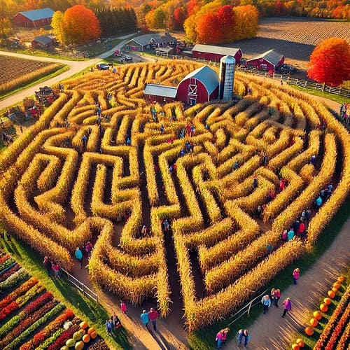 An aerial view of a large corn maze in Knoxville TN on a sunny autumn day, with golden corn stalks forming intricate paths. Families and children are seen walking through the maze, surrounded by colorful fall trees in shades of orange, red, and yellow. A rustic farm and pumpkins are visible in the background, under a clear blue sky