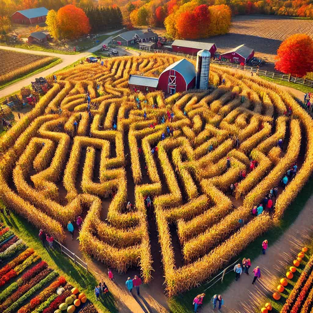 An aerial view of a large corn maze in Knoxville TN on a sunny autumn day, with golden corn stalks forming intricate paths. Families and children are seen walking through the maze, surrounded by colorful fall trees in shades of orange, red, and yellow. A rustic farm and pumpkins are visible in the background, under a clear blue sky