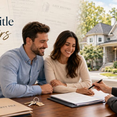 Knoxville homebuyers reviewing closing documents with a title professional as house keys, property records, and a home highlight the importance of a clear title.